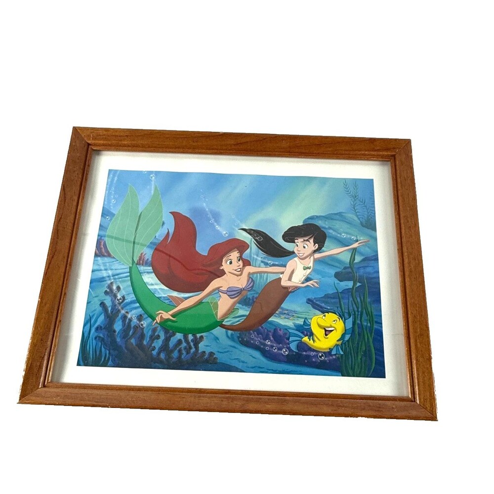 Disney Lithograph Print The Little Mermaid Ariel Brown Wood Frame